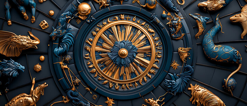 Exquisite intricate zodiac wheel illustration highlighting detailed astrological symbols and mythical creatures