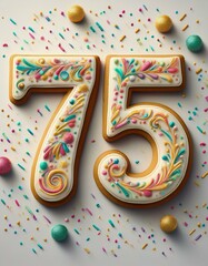 Decorated cookie, number 75, image for birthday or anniversary celebration