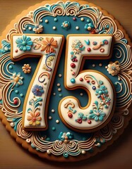 Decorated cookie, number 75, image for birthday or anniversary celebration