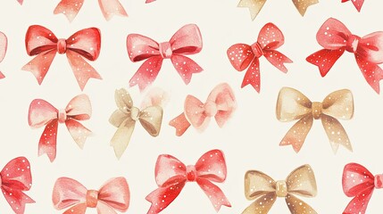 Watercolor Illustration of Red and Beige Bows with White Spots