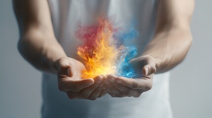 A close-up shot of hands manipulating colorful flames, capturing the flickering light as it dances across the skin, highlighting the intense contrast between fire and the human form, Ultra-Realistic, 