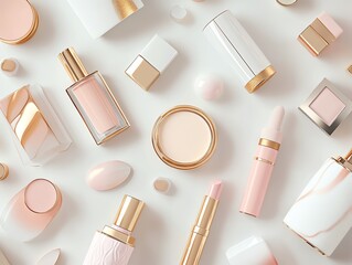 Elegant cosmetics with gold accents, diverse styles and colors, flat design illustration