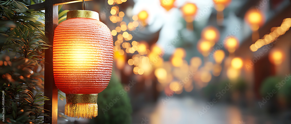 Poster softly illuminated lanterns create a magical atmosphere in a narrow alleyway inviting wanderers to e