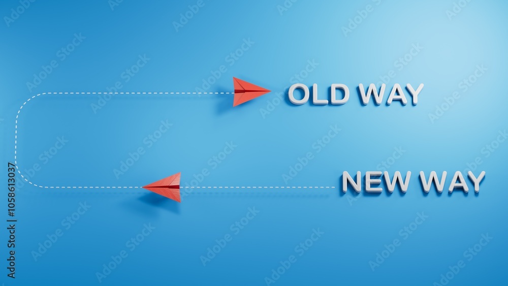 Poster red plane the old way is going a new way. change idea concept.concept.new ideas. paper art style. cr