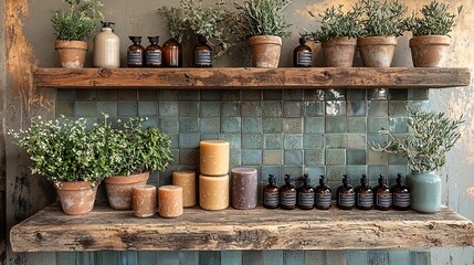 Fototapeta premium Rustic Bathroom Shelves with Handmade Soaps & Candles