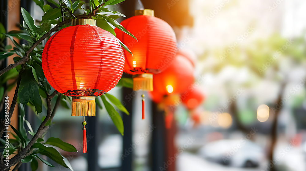 Poster a vibrant display of tradition long rows of red lanterns swaying in the breeze