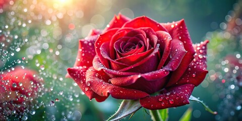 red rose with dew drop sparkle on dreamy background