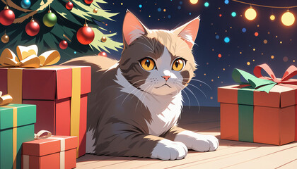 Christmas Cat Relaxing Among Presents