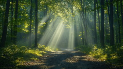 Fototapeta premium Forest Road Illuminated by Sunrays