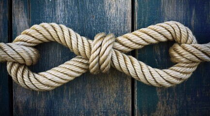Obraz premium Detailed view of a decorative knot tied in thick rope resting on a weathered wooden surface in natural light