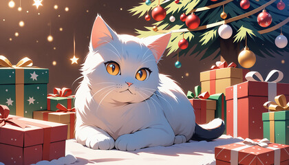 Christmas Cat Relaxing Among Presents