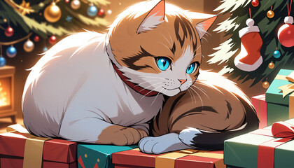 Christmas Cat Relaxing Among Presents