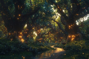 A mystical forest scene illuminated by glowing lights, with a winding stream surrounded by lush greenery and ancient trees.