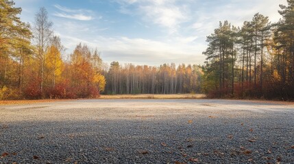 Gravel parking lot with an empty space offers a tranquil view of the forest in autumn daylight, creating a serene atmosphere perfect for relaxation and reflection.