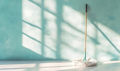 A cleaning mop stands against a light blue wall, casting shadows in a bright room.