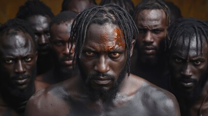 Close-up portrait of a group of African men with intense expressions