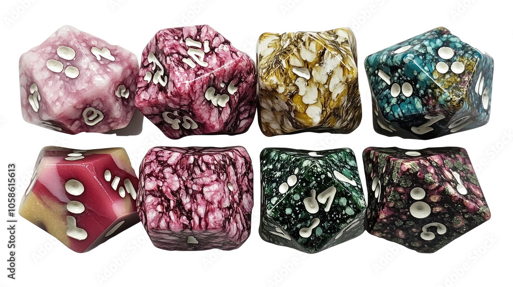 Poster colorful unique polyhedral dice on clear background generative ai