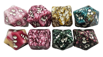 Colorful Unique Polyhedral Dice on Clear Background Generative AI