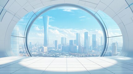 Fototapeta premium Urban Skyline with Central City View Featuring Pathway and Parking Area for Automotive Advertising