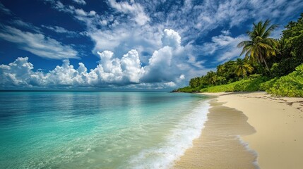 Obraz premium A tranquil tropical beach scene presents vibrant white clouds drifting above serene turquoise waters under the sunlight, creating a blissful atmosphere with ample space for photo edits.