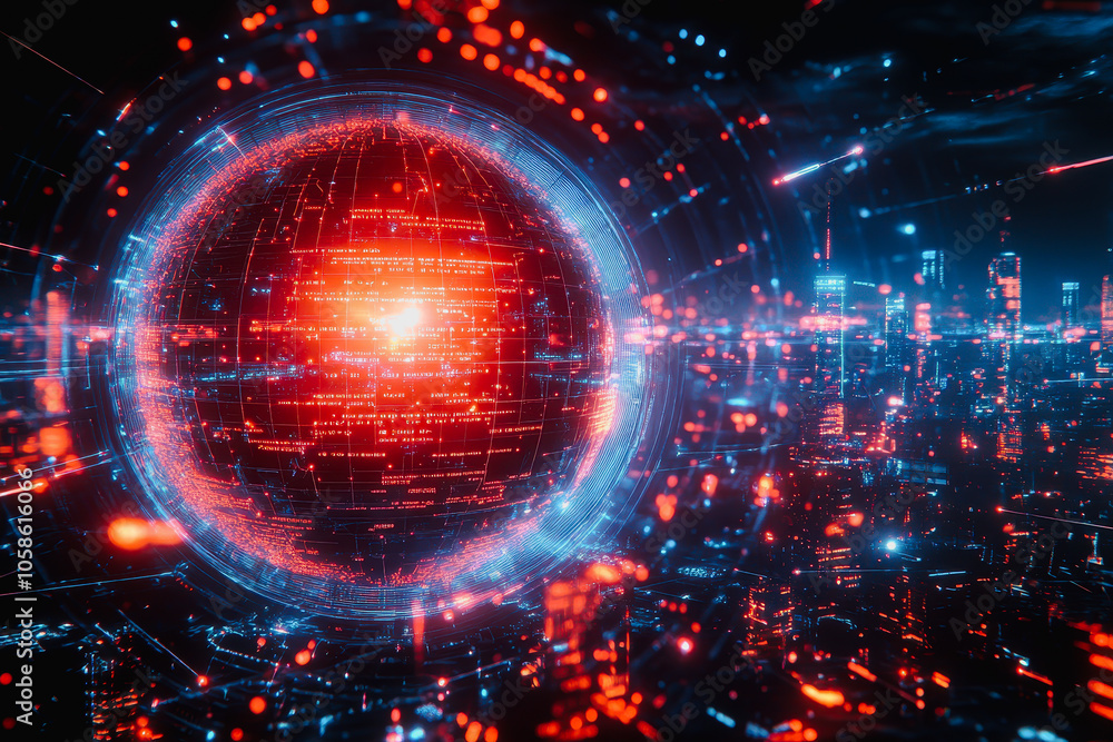 Poster explore a vibrant futuristic data network visualization with glowing elements, floating documents, a