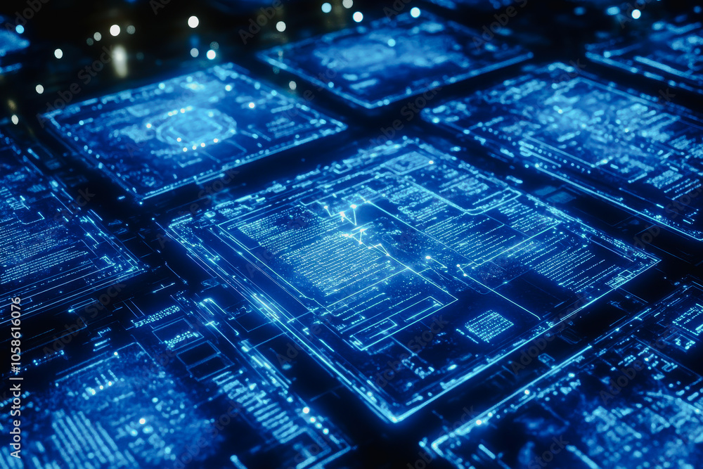 Aufkleber explore a futuristic data network featuring floating documents and glowing blue circuits. this digit