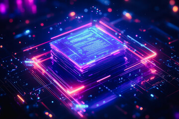 A vibrant and futuristic representation of data networks, featuring floating documents illuminated by neon lights, symbolizing advanced technology and digital innovation.