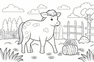 Creative coloring page Farm animals and rural landscape coloring for adults