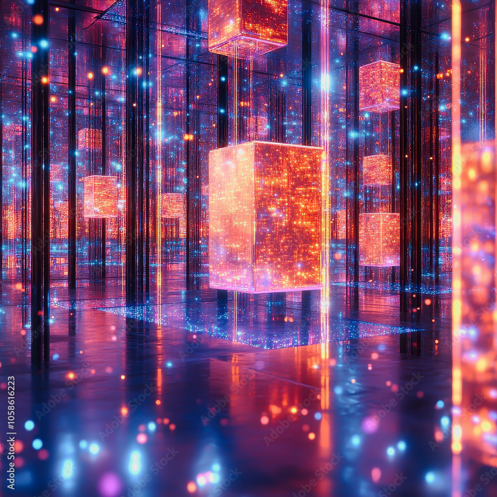Aufkleber immerse yourself in a vibrant, futuristic data network featuring floating documents and glowing cube