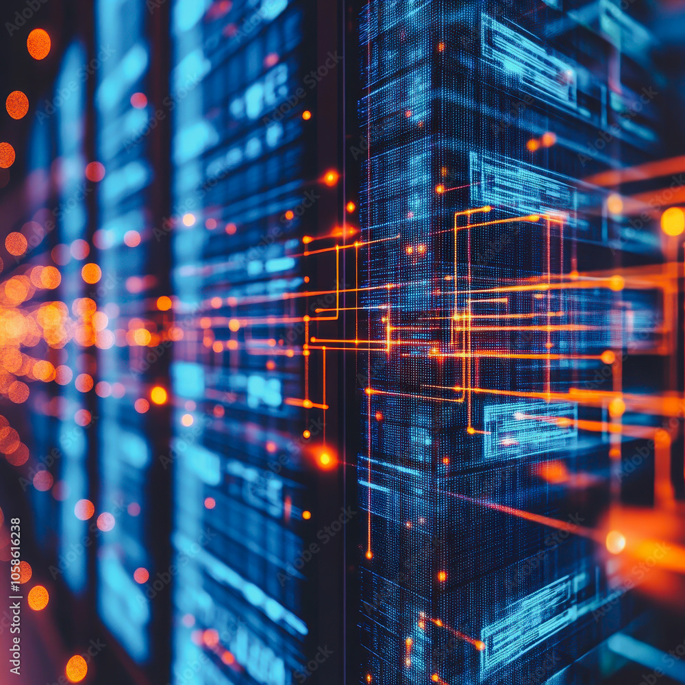 Aufkleber explore a stunning futuristic data network illuminated by vibrant lights and floating documents, sho