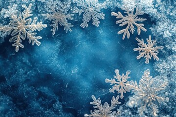Blue Winter Snowflake Background with Copy Space on blurred background