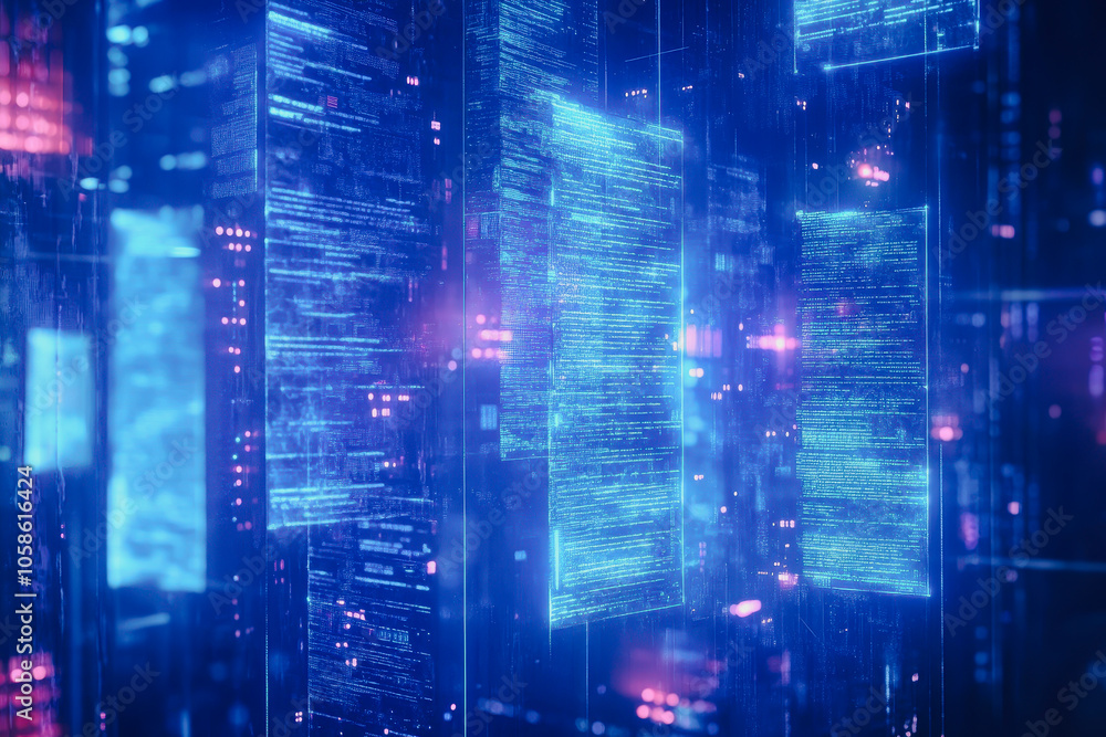 Poster this image showcases a high-tech, futuristic data network featuring floating digital documents, illu