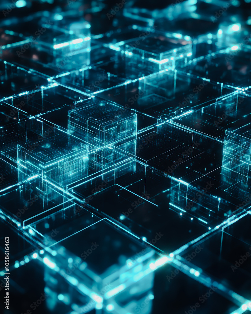 Poster explore a stunning futuristic data network featuring floating transparent cubes, embodying high-tech