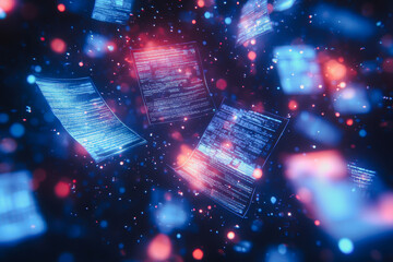 Explore a futuristic digital network with floating documents and vibrant lights. Ideal for visualizing concepts in technology, innovation, and data processing.
