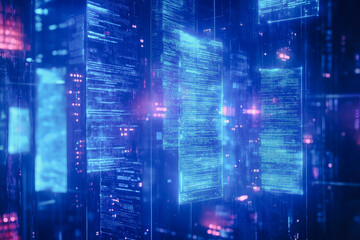 This image showcases a high-tech, futuristic data network featuring floating digital documents, illuminated by vibrant colors and holographic effects.