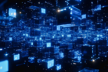 Explore a futuristic data network filled with floating digital elements. This captivating image showcases an abstract representation of technology and data flow in a deep blue aesthetic.