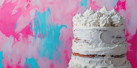 A decorated, multi layer cake featuring white frosting is set against a vibrant backdrop, leaving room for text or other elements in the surrounding empty space.