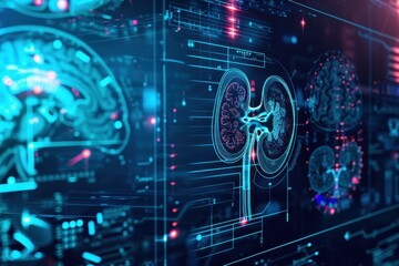 Obraz premium kidney testing results on digital interface on laboratory or surgical background, innovative technology in science and medicine concept. medical technology