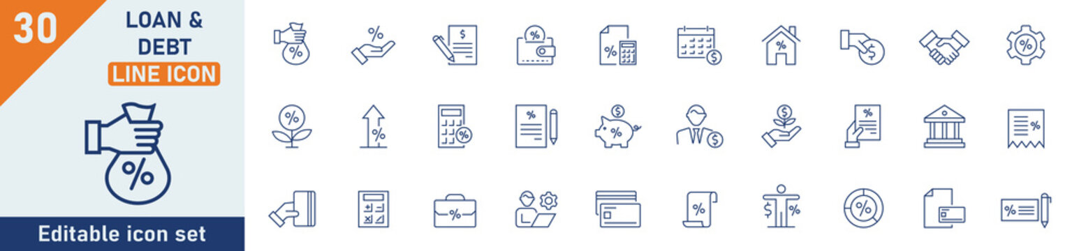 Loan and Debt line icon set. Set of 30 outline icons related to loan and debt, money, credit, leasing, interest, calculator, income, banking and others. Editable stroke. Vector illustration.