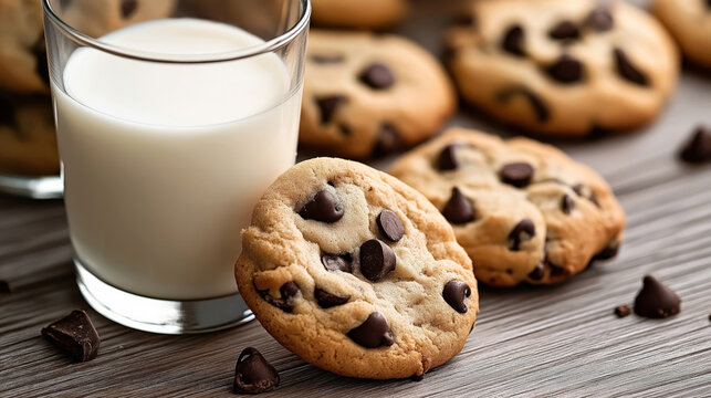 Close-up of chocolate chip cookies with a glass of milk on a wooden table background, emphasizing snack time or dessert concept