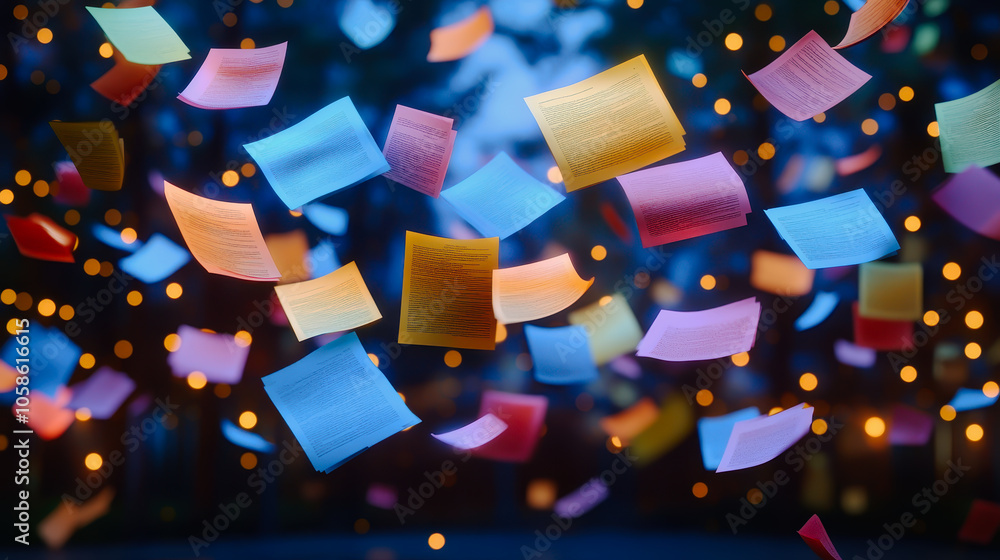 Poster explore a vibrant digital scene with floating colorful documents, representing technology and innova