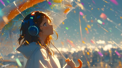 Lo-fi anime girl listening to music with headphones. Cozy vibes retro manga style illustration. Abstract raining city landscape background.