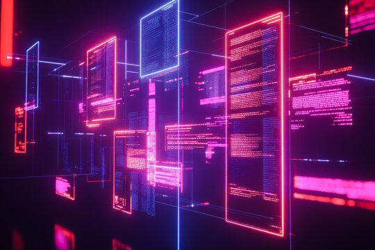 This image showcases a vibrant, futuristic data network visualization with floating documents in neon colors, ideal for tech-related themes and digital creativity.