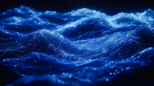 Experience an abstract digital landscape showcasing cascading streams of vibrant blue waves, illuminated by glowing particles, creating a serene and immersive visual experience. - Powered by Adobe