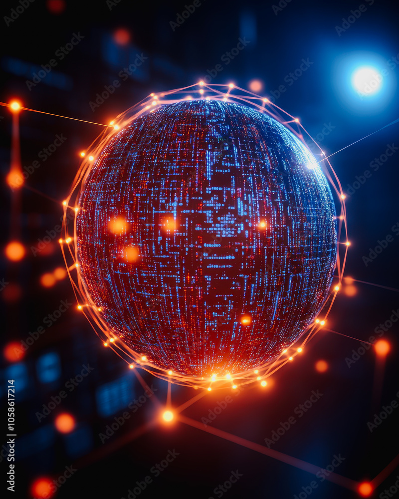 Poster this vibrant abstract digital landscape features cascading streams and a glowing globe, representing