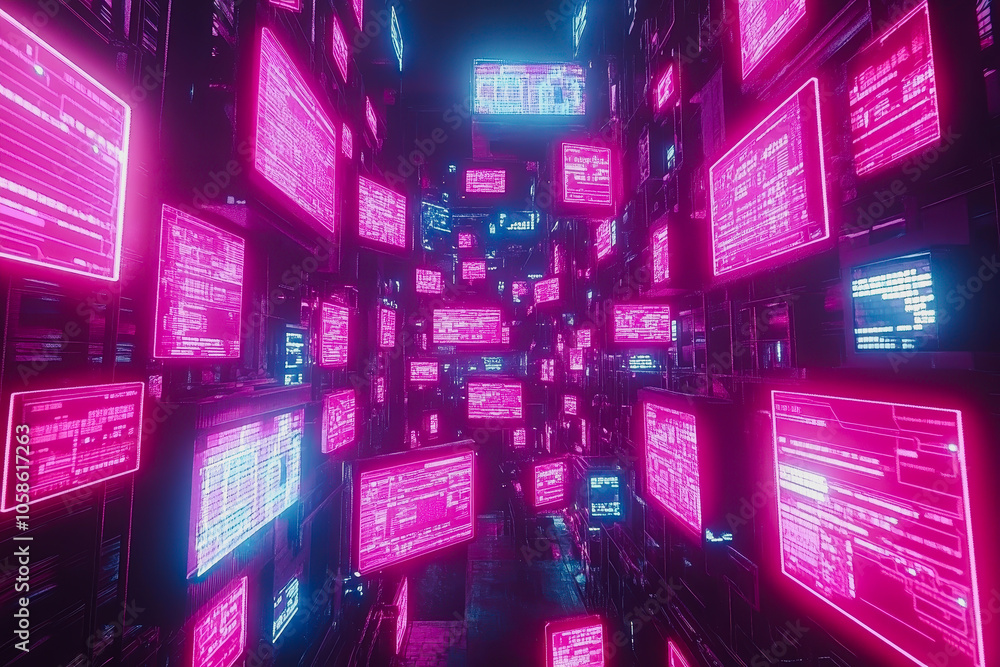 Poster this abstract digital landscape features cascading streams of vibrant neon colors and illuminated sc
