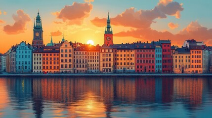 Obraz premium charming set of posters showcasing iconic european cities, featuring stylized illustrations of landmarks like oslo, stockholm, brussels, and rome in a vibrant, artistic style