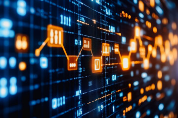 Fototapeta premium Explore a vibrant abstract digital landscape showcasing cascading streams of data, illuminated in vivid colors. An ideal visual for technology themes.