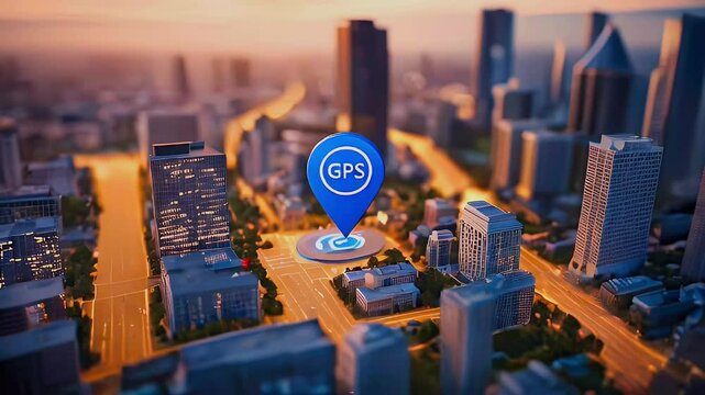 Blue GPS pin on city model with lit streets.