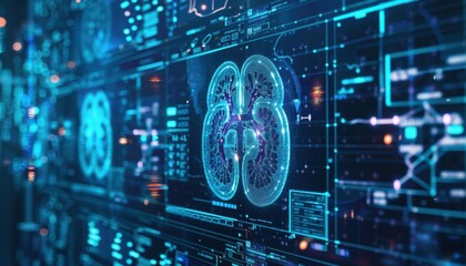 Obraz premium kidney testing results on digital interface on laboratory or surgical background, innovative technology in science and medicine concept. medical technology